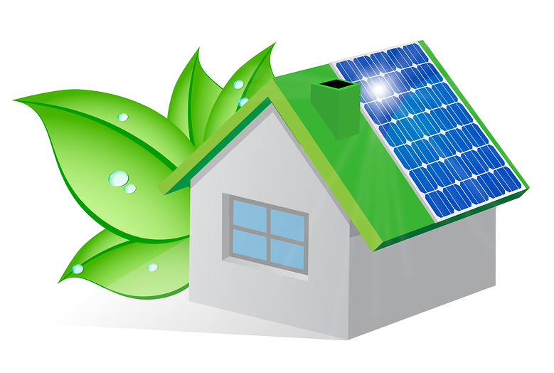 Icon of a house with solar panels and green leaves.