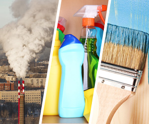 Photo collage of industrial pollution, cleaning products, and paint.