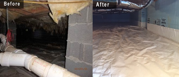 Crawl Space Encapsulation 4 Before and after home insulation installation in a crawl space.