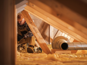 Insulation technician installing insulation in an attic.