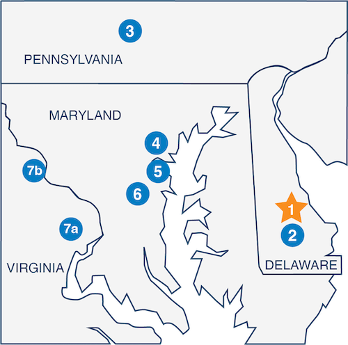 Stylized map of northern Virginia, Maryland, Delaware, and southern Pennsylvania with markers for Delmarva Insulation and its sister company locations.