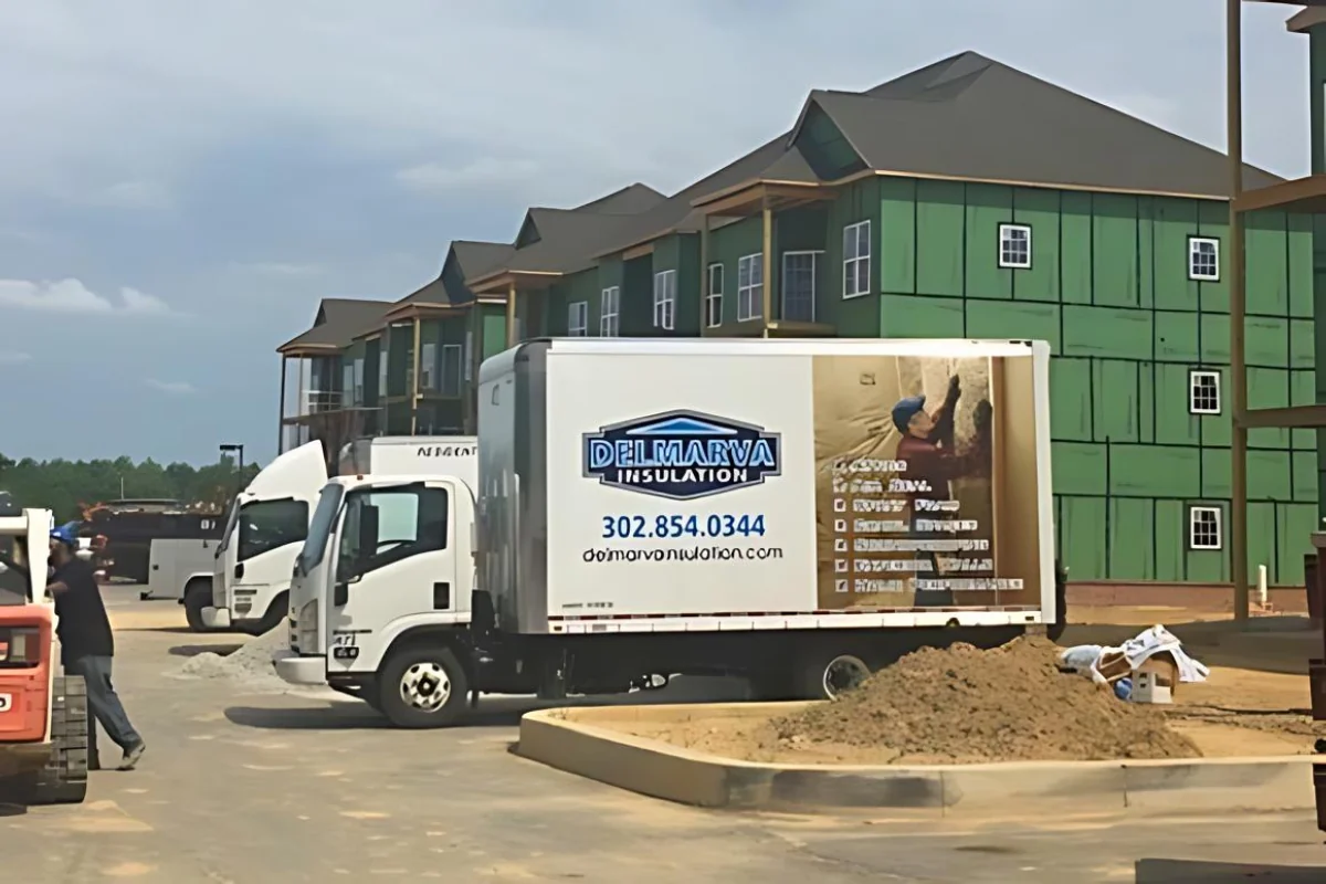 Dover Apartment Complex Delmarva Insulation truck parked in front of an apartment complex under construction.