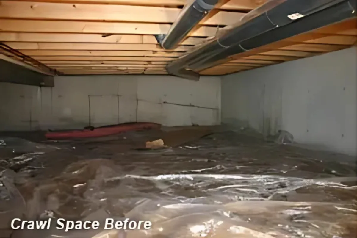 Crawlspace before insulation install (labeled “Before”)