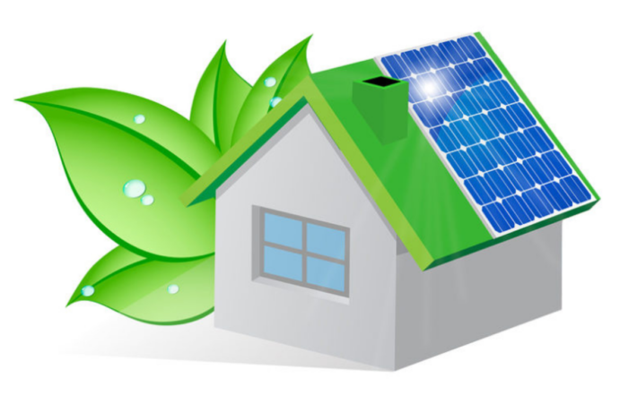 Energy-efficient home illustration with solar panel and leaf