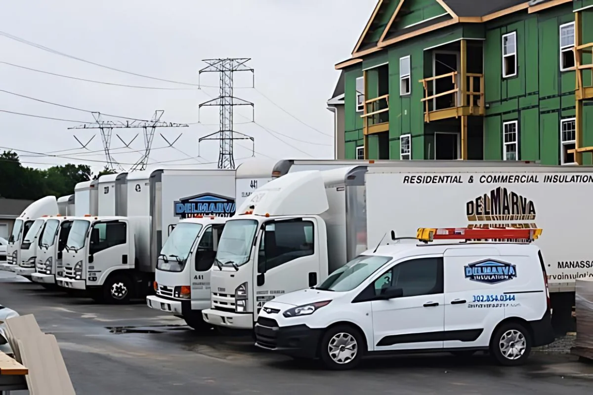 Bear Apartment Complex Delmarva Insulation trucks parked in front of an apartment complex under construction.