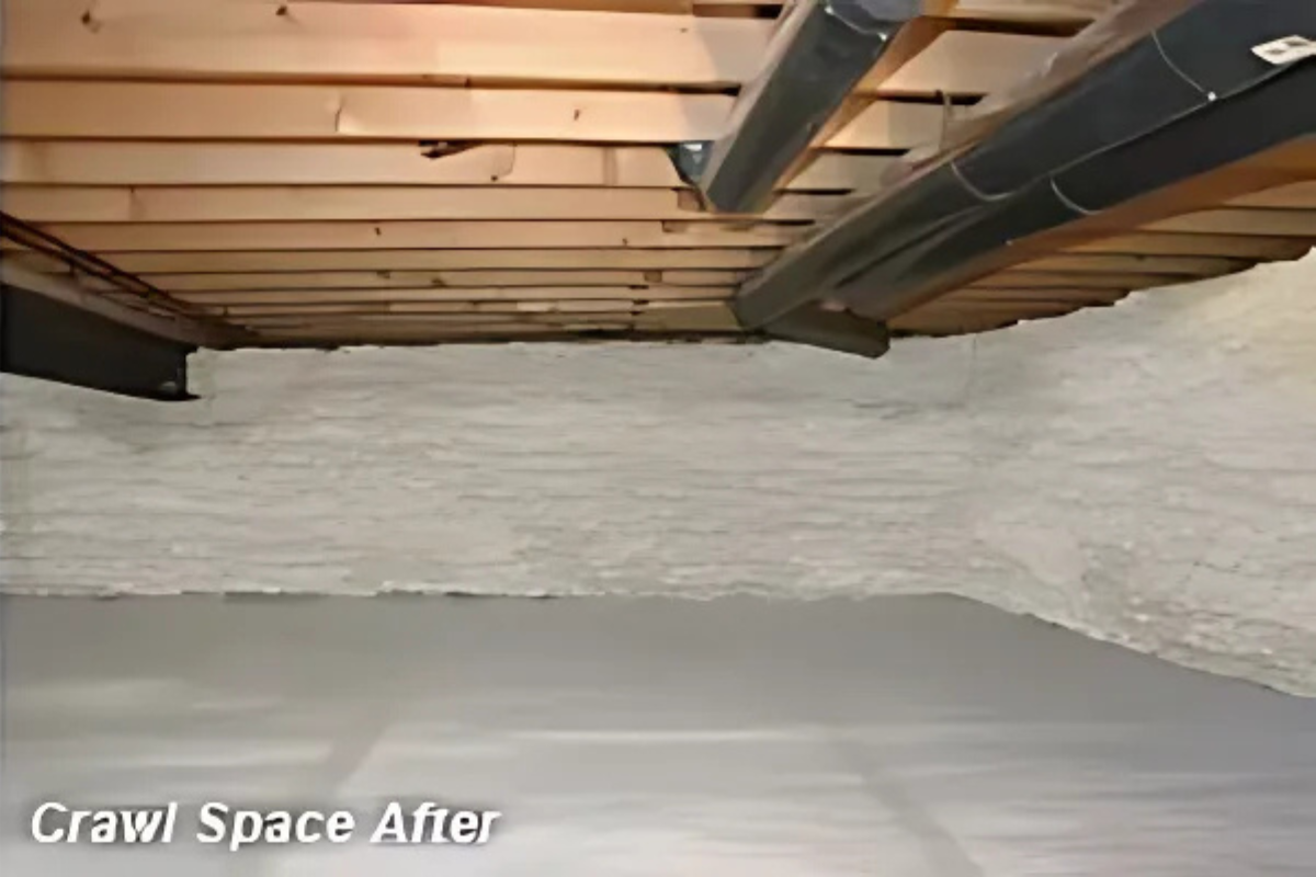 Crawlspace after foam insulation installation (labeled “After”)