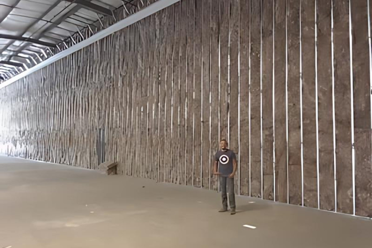 Worker standing in a large insulated warehouse.