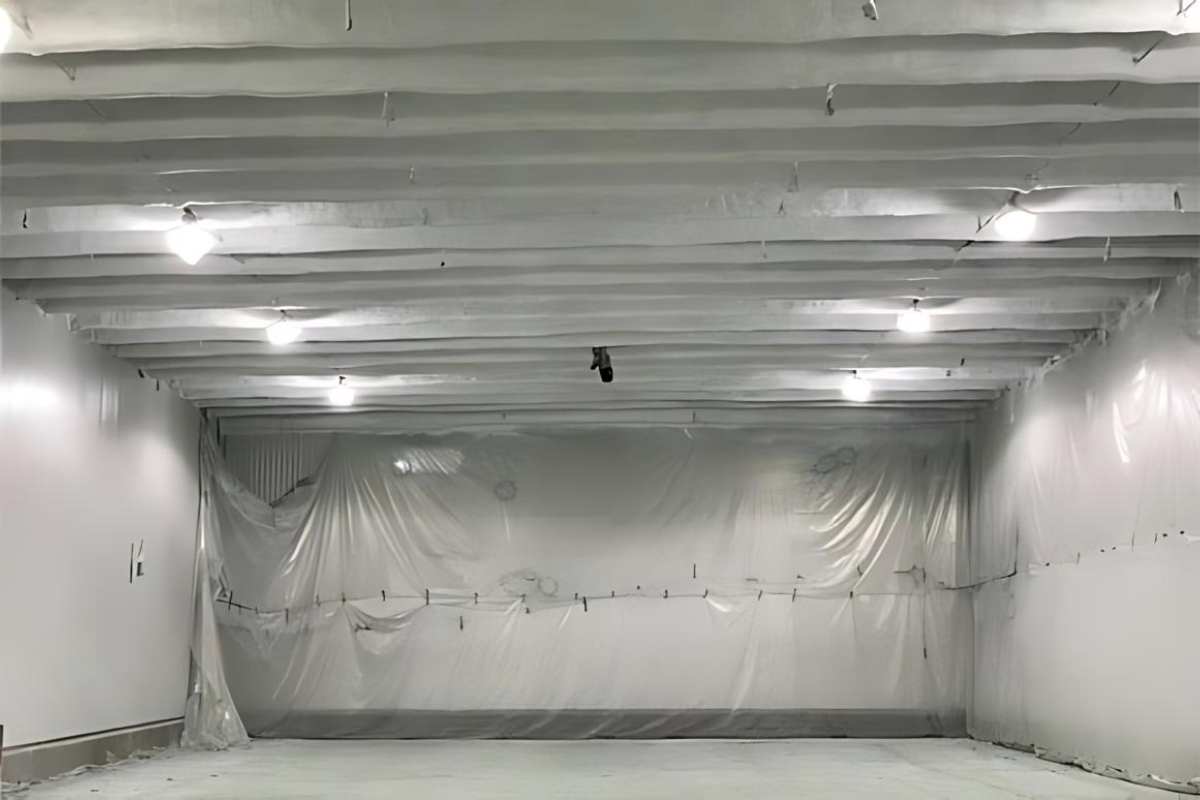 Large warehouse with insulation installed on ceiling