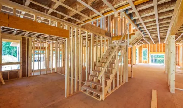 Interior view of house framing during construction