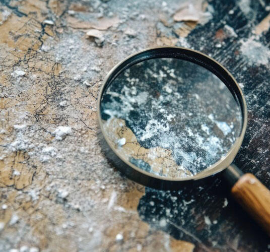 Magnifying glass and microscope focused on dangerous asbestos fibers on a deteriorating roof surface.